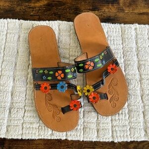 Huarache Sandals Womens 7 Tan Black Floral Leather Toe Loop Slides